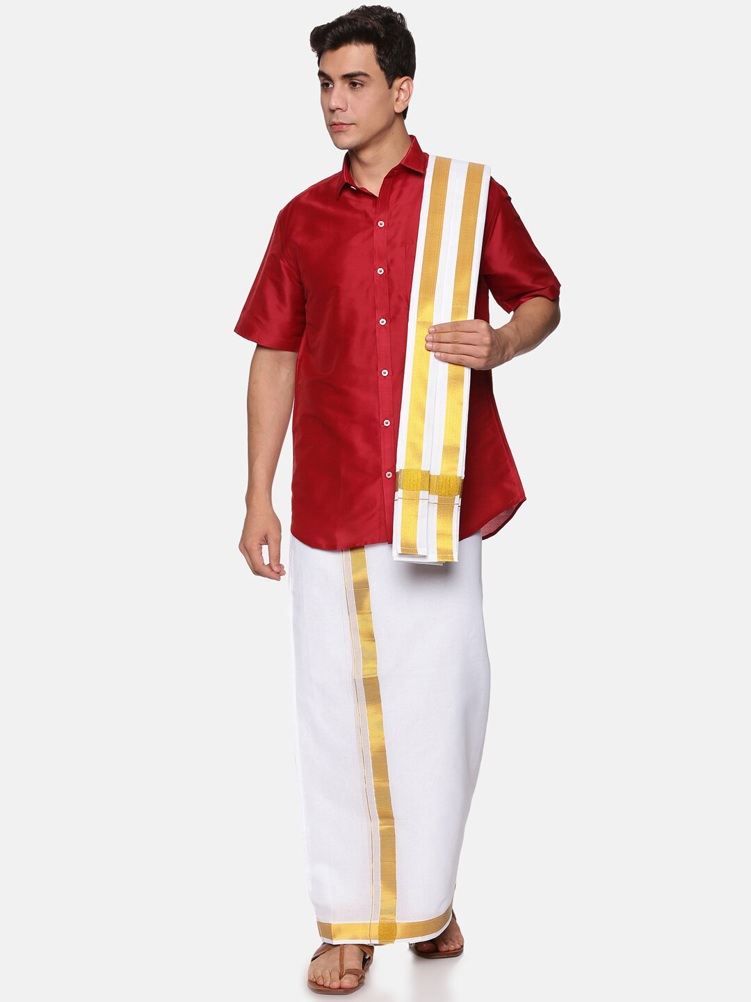 Sethukrishna Men Maroon & White Shirt & Dhoti with Angavastram Set