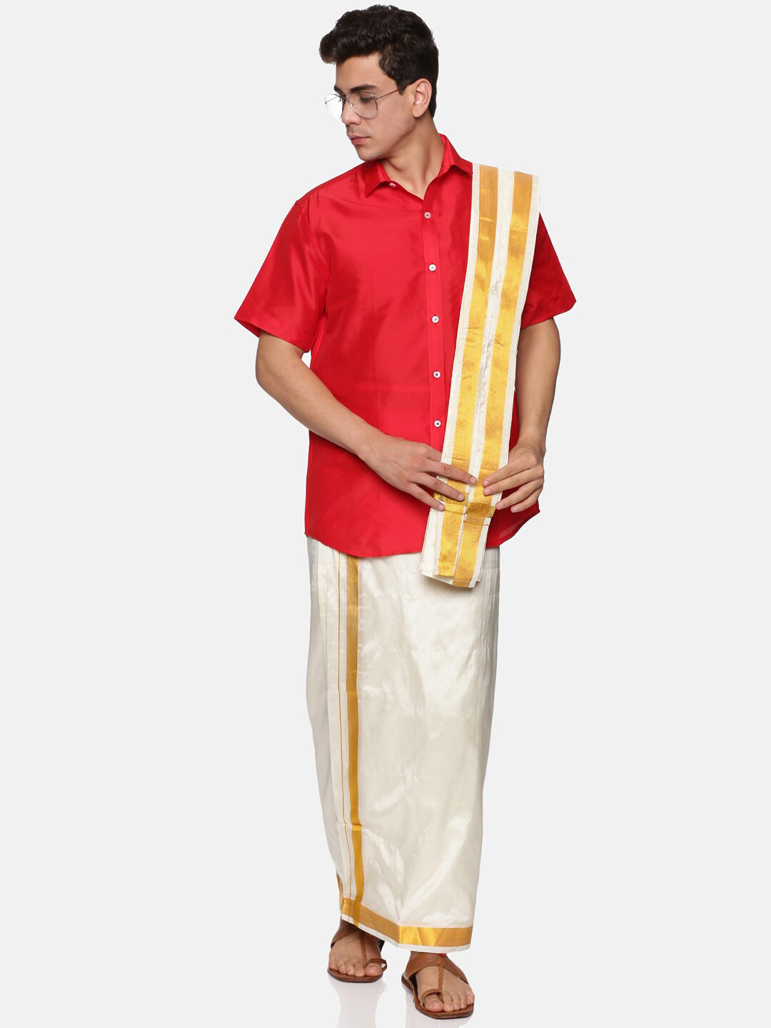 Sethukrishna Men Red & Off White Shirt & Dhoti with Angavastram Set