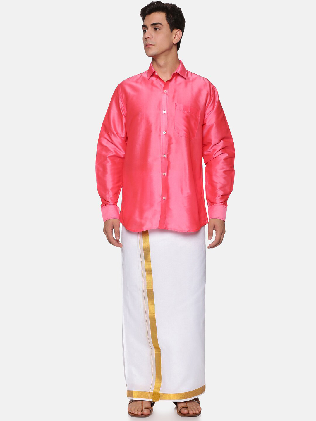 Sethukrishna Men Peach-Coloured Shirt with Veshti Set