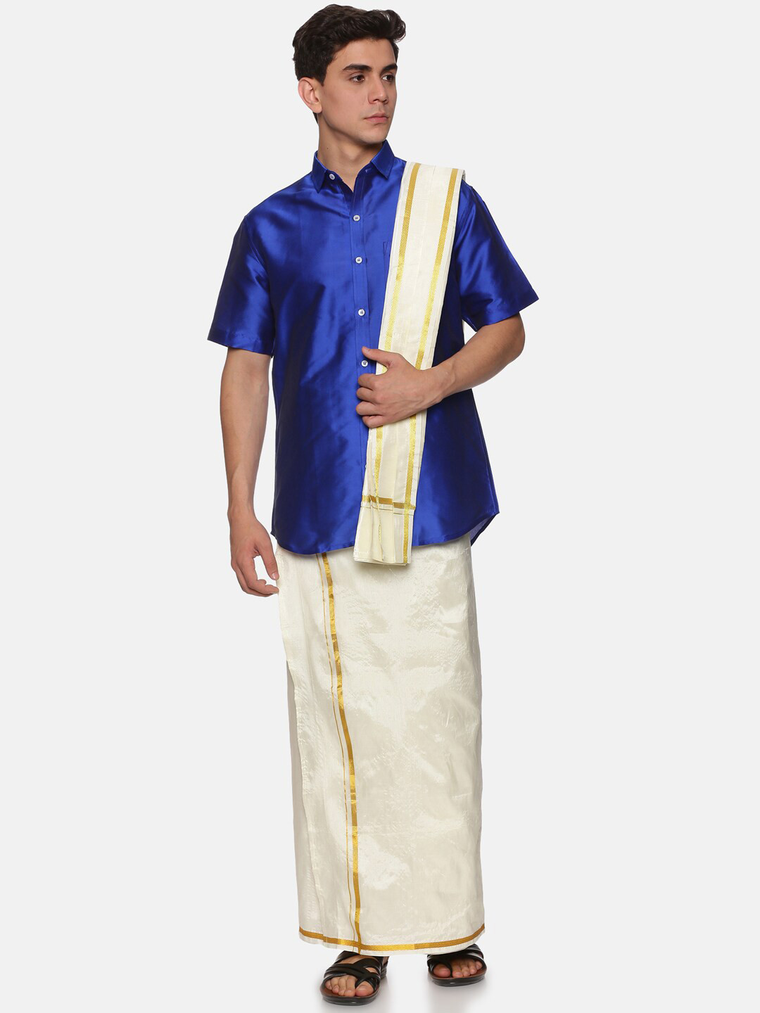 Sethukrishna Men Navy Blue & White Solid Short Sleeves Shirt with Dhoti & With Angavastram