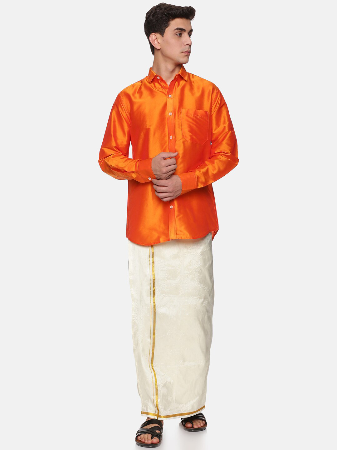 Sethukrishna Men Orange & White Shirt with Dhoti Pants