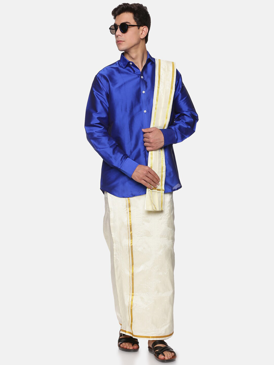 Sethukrishna Men Navy Blue & White Shirt with Dhoti Pants