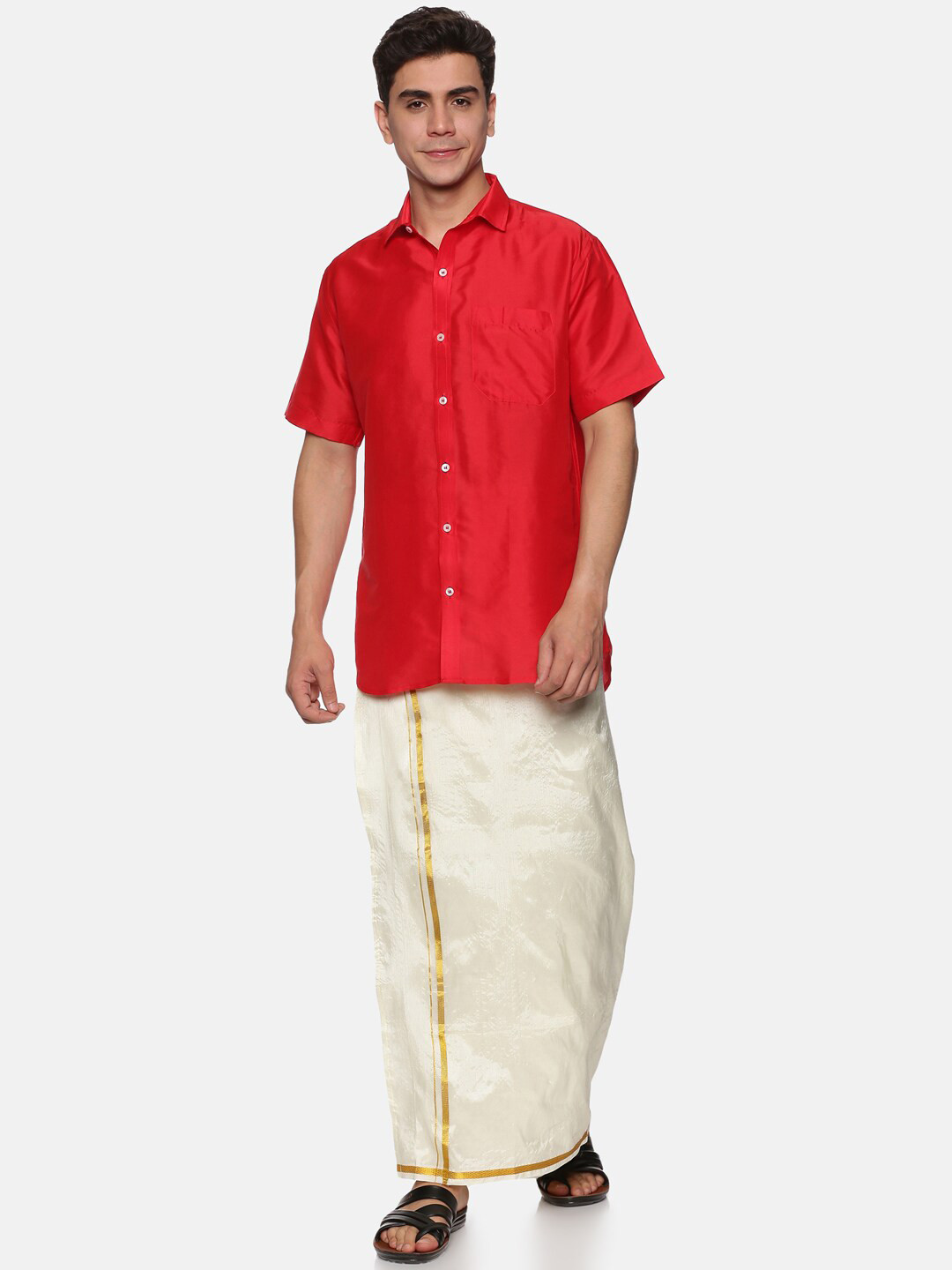 Sethukrishna Men Red & Cream-Coloured Shirt with Zari Dhoti
