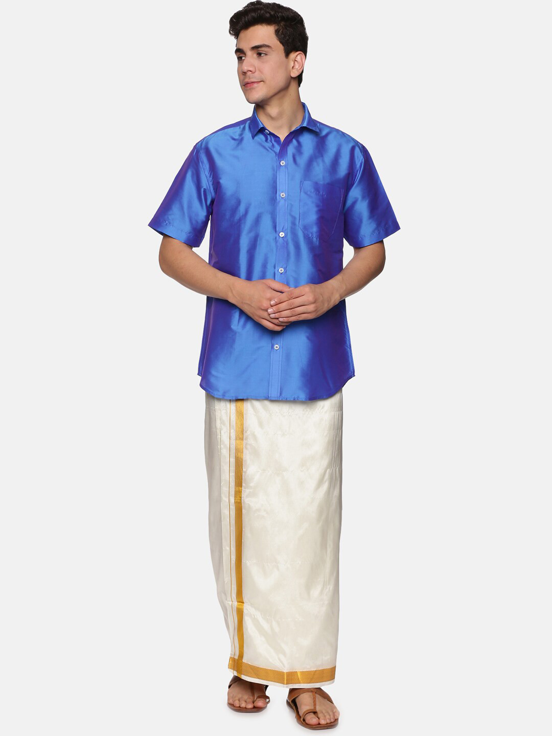 Sethukrishna Men Blue & Cream-Coloured Shirt with Dhoti Pants