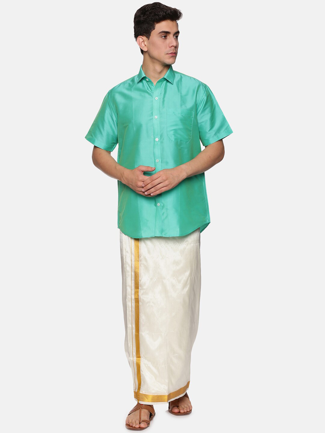 Sethukrishna Men Fluorescent Green & White Shirt with Dhoti Pant