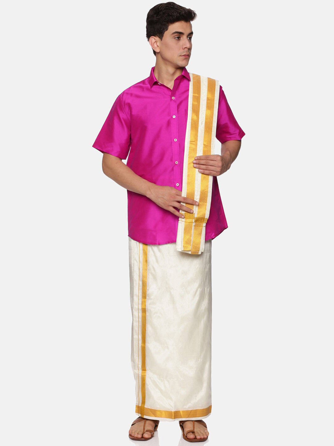 Sethukrishna Men Pink & Cream-Coloured Shirt with Dhoti Set