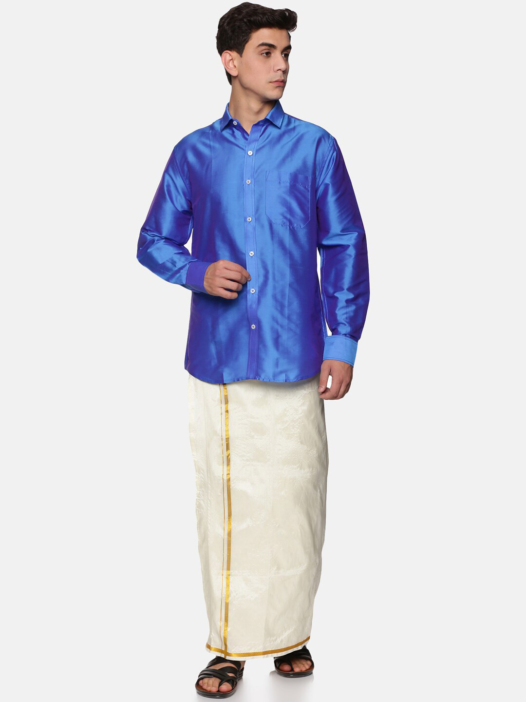 Sethukrishna Men Blue & White Shirt with Dhoti Pants