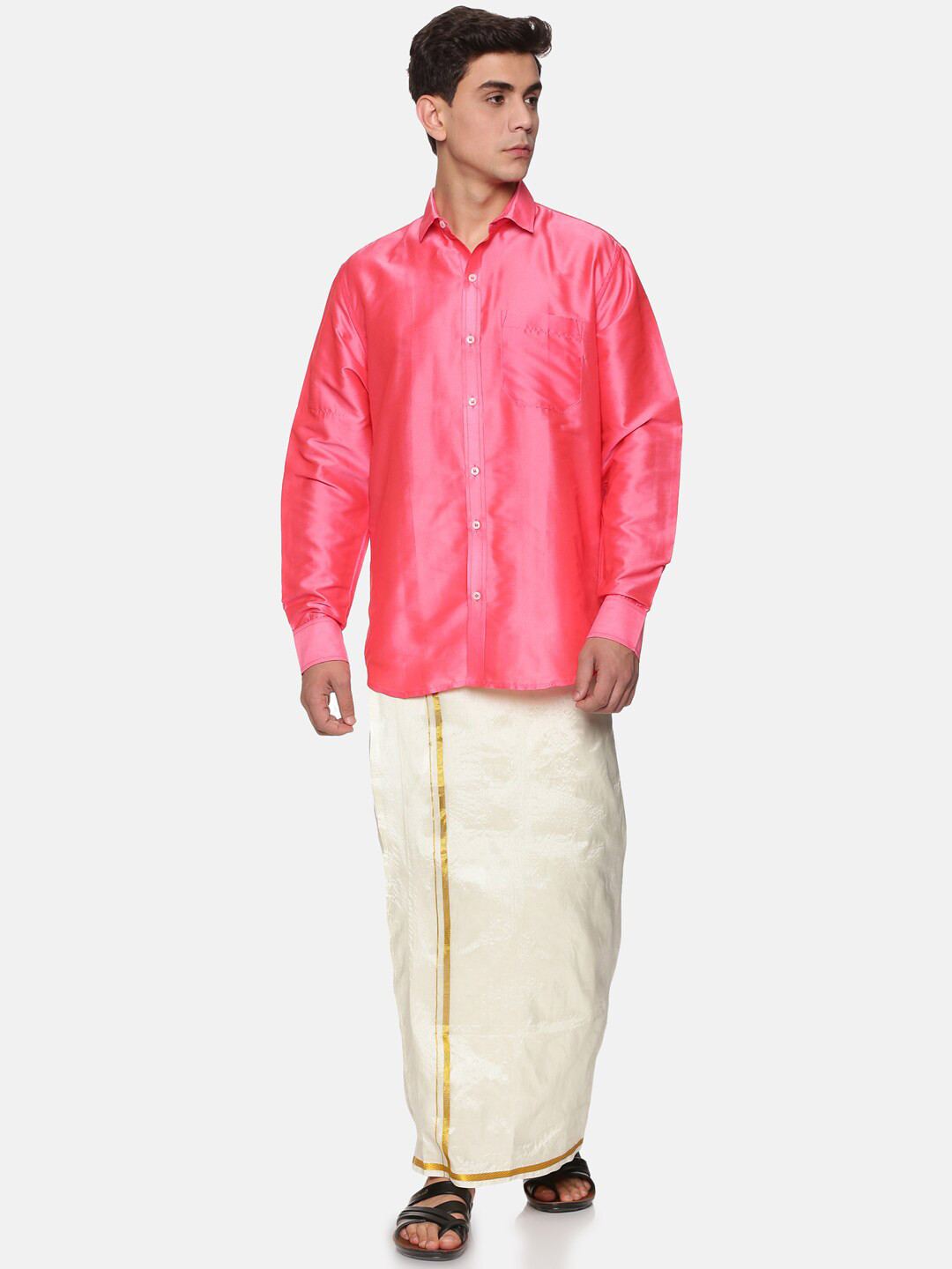 Sethukrishna Men Peach And White Shirt With Zari Border Veshti Dhoti Pant