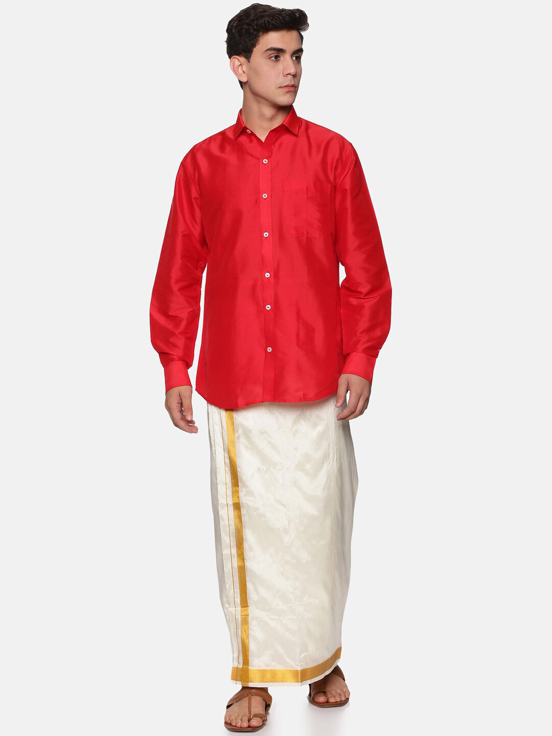 Sethukrishna Men Red & White Shirt with Dhoti Pants