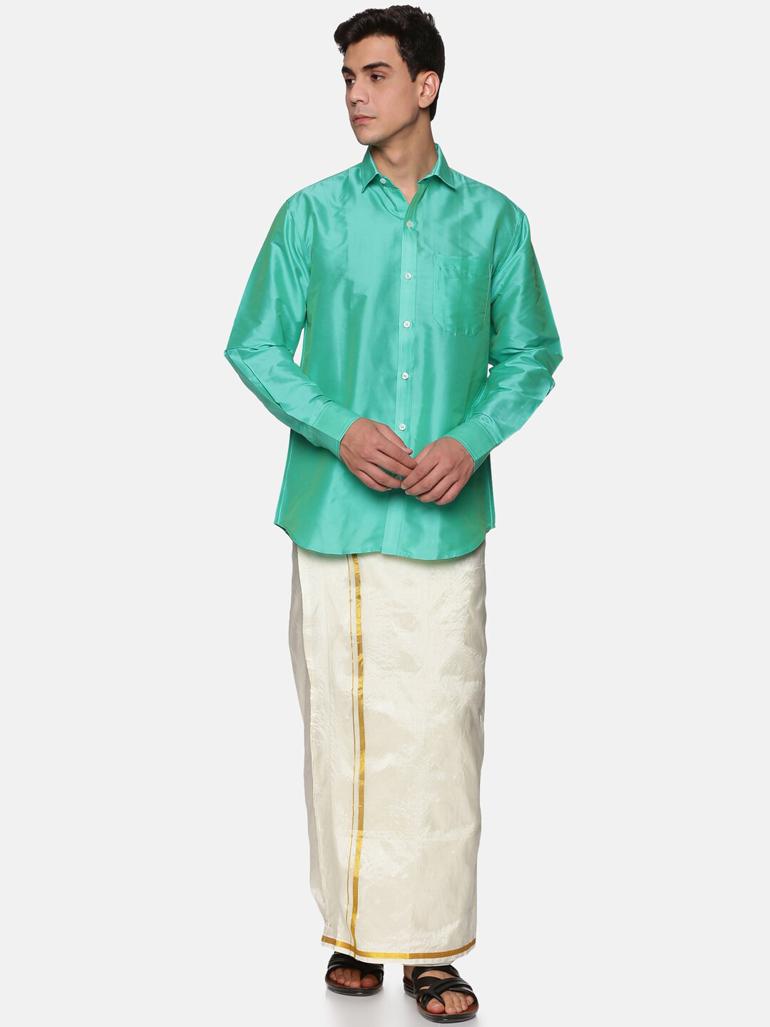 Sethukrishna Men Fluorescent Green & White Shirt with Dhoti Pants