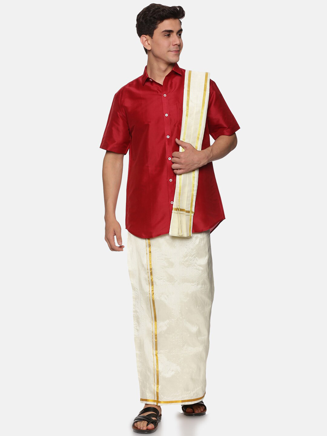 Sethukrishna Men Maroon & Cream-Coloured Shirt with Zari Dhoti