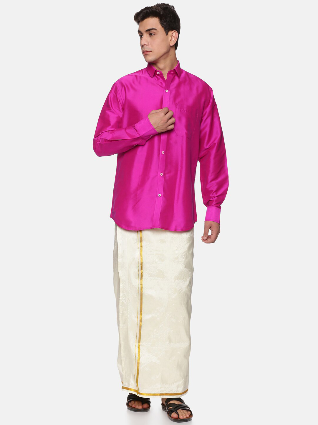 Sethukrishna Men Pink & Cream-Coloured Shirt with Veshti
