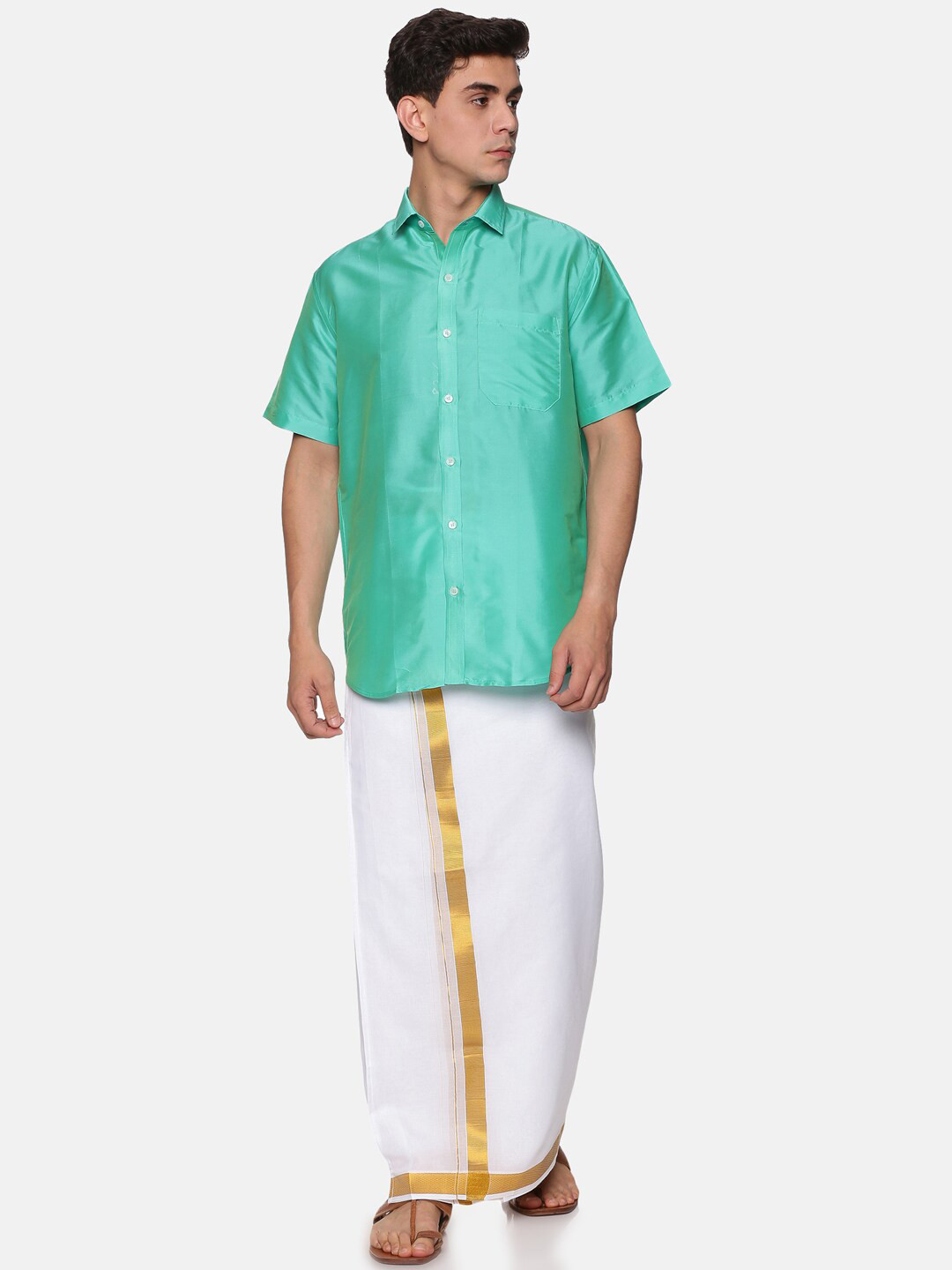 Sethukrishna Men Green and White Solid Shirt with Dhoti
