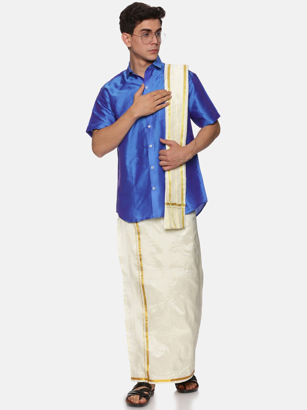 Sethukrishna Men Blue And White Shirt With Zari Border Veshti Dhoti Pant