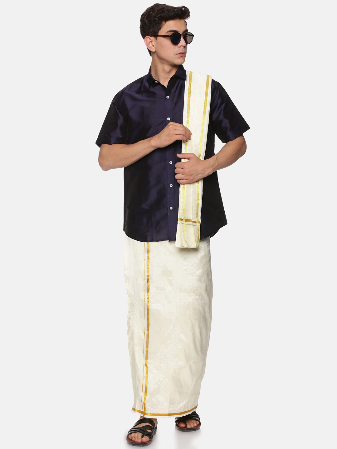 Sethukrishna Men Blue & Cream Shirt with Dhoti