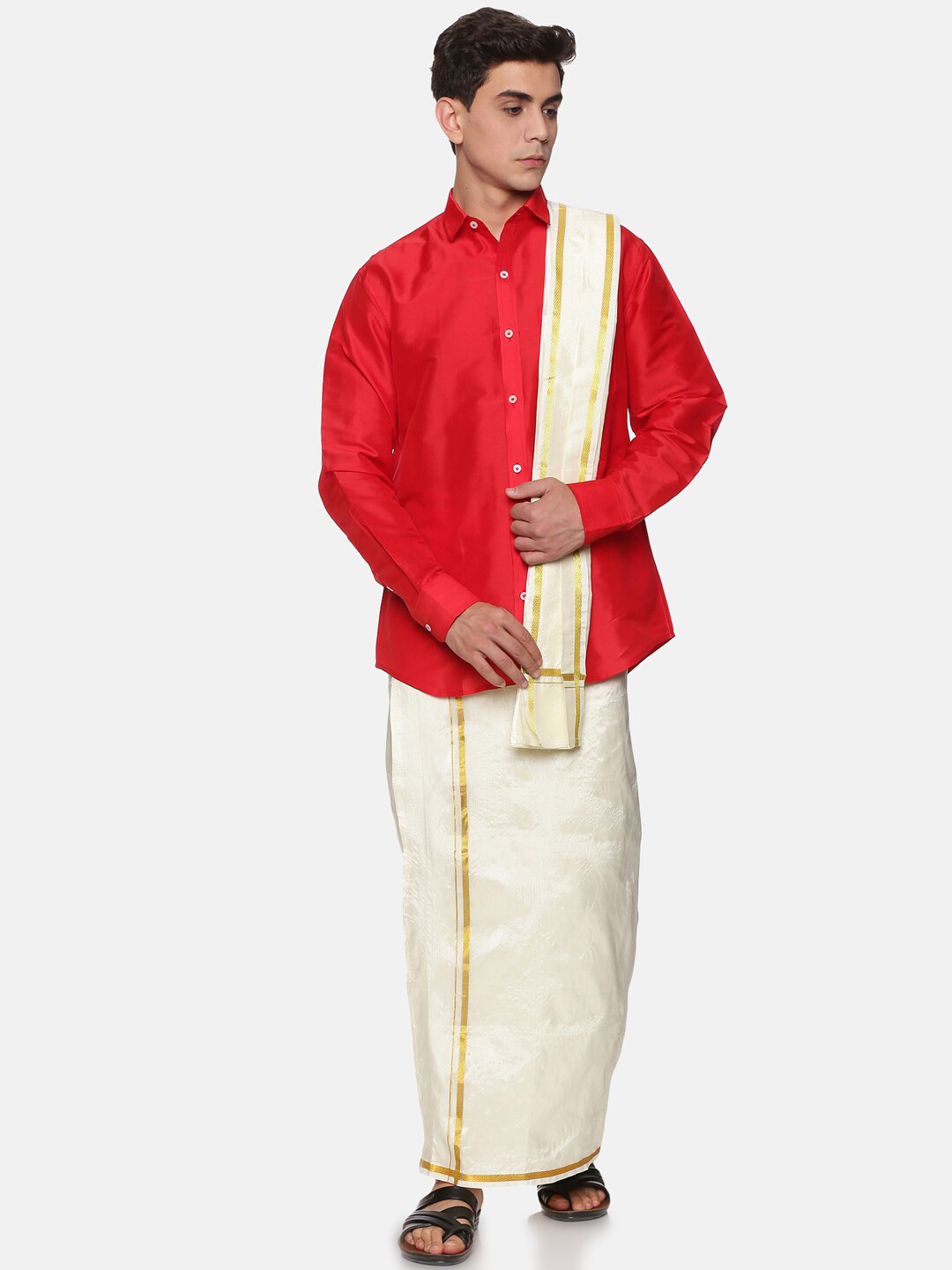 Sethukrishna Men Red & Cream-Coloured Shirt & Dhoti with Angavastram Set