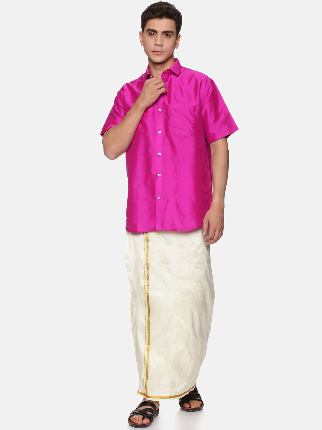 Sethukrishna Men Pink & White Shirt with Dhoti Pant
