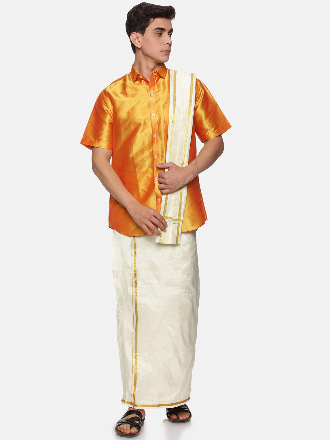 Sethukrishna Men Yellow & White Shirt with Dhoti Pants
