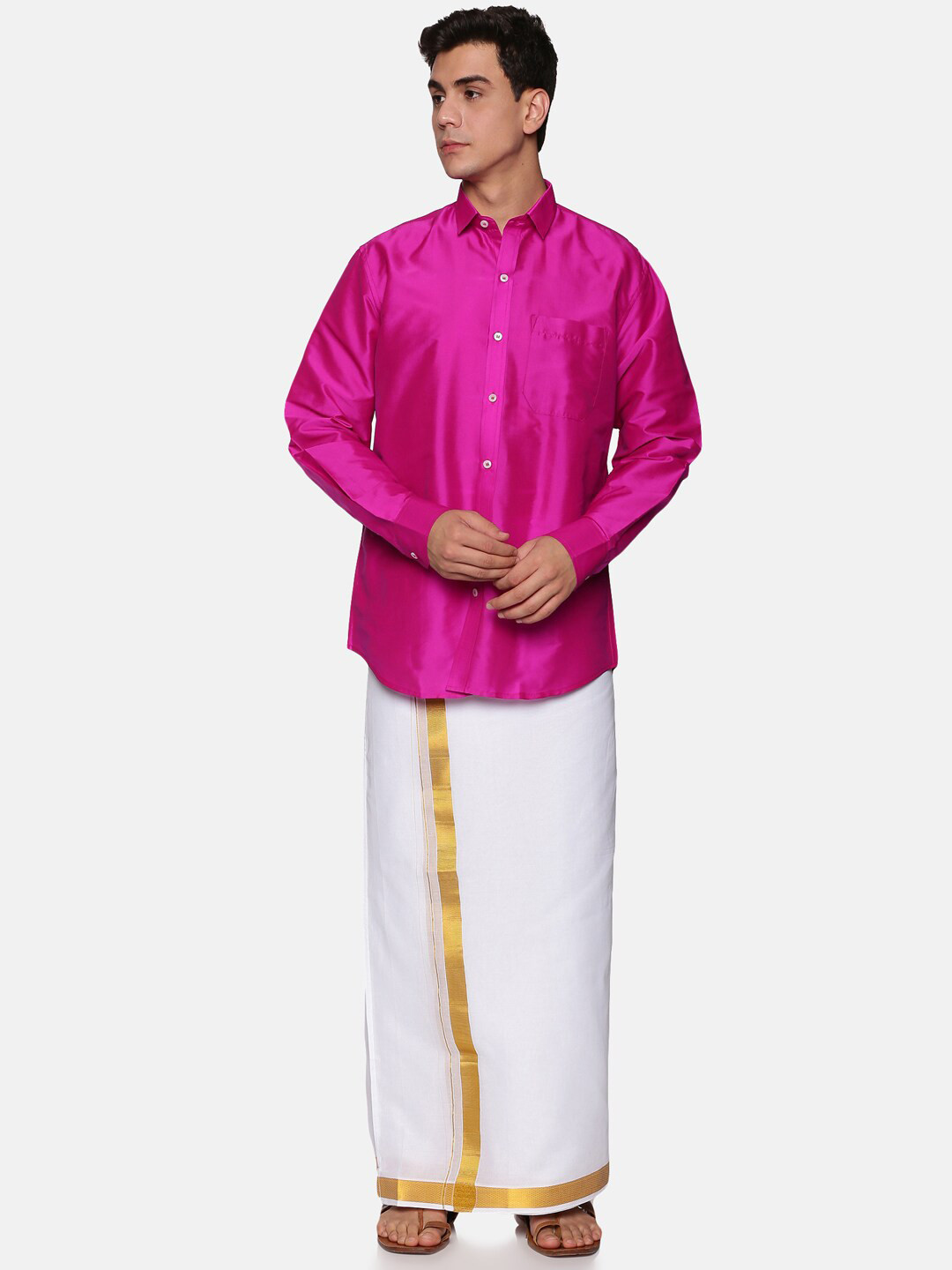 Sethukrishna Men Pink & White Shirt with Dhoti Pants