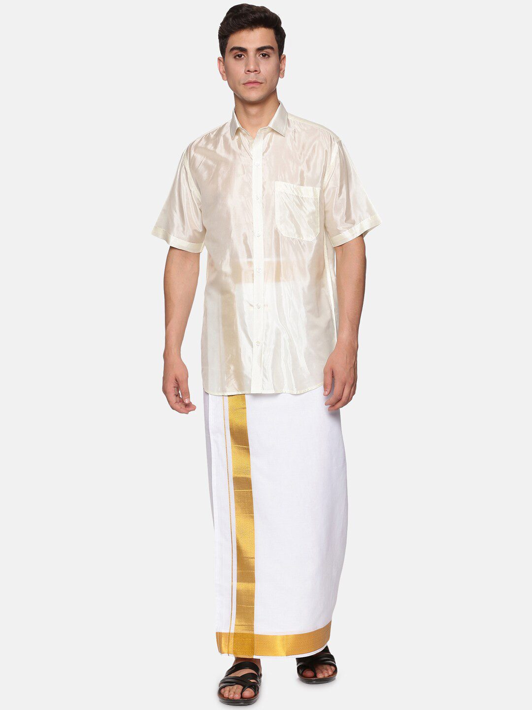 Sethukrishna Men Cream-Coloured & White Shirt with Dhoti Pants