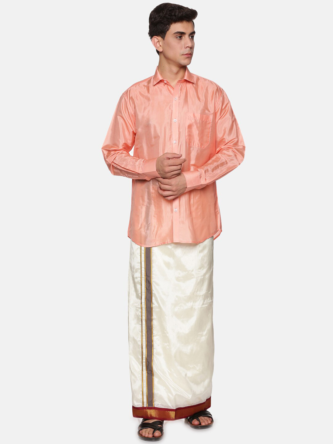 Sethukrishna Men Peach-Coloured & Off White Shirt with Dhoti Set