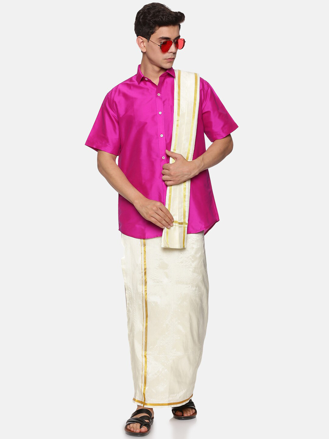 Sethukrishna Men Pink & White Shirt with Dhoti Pants