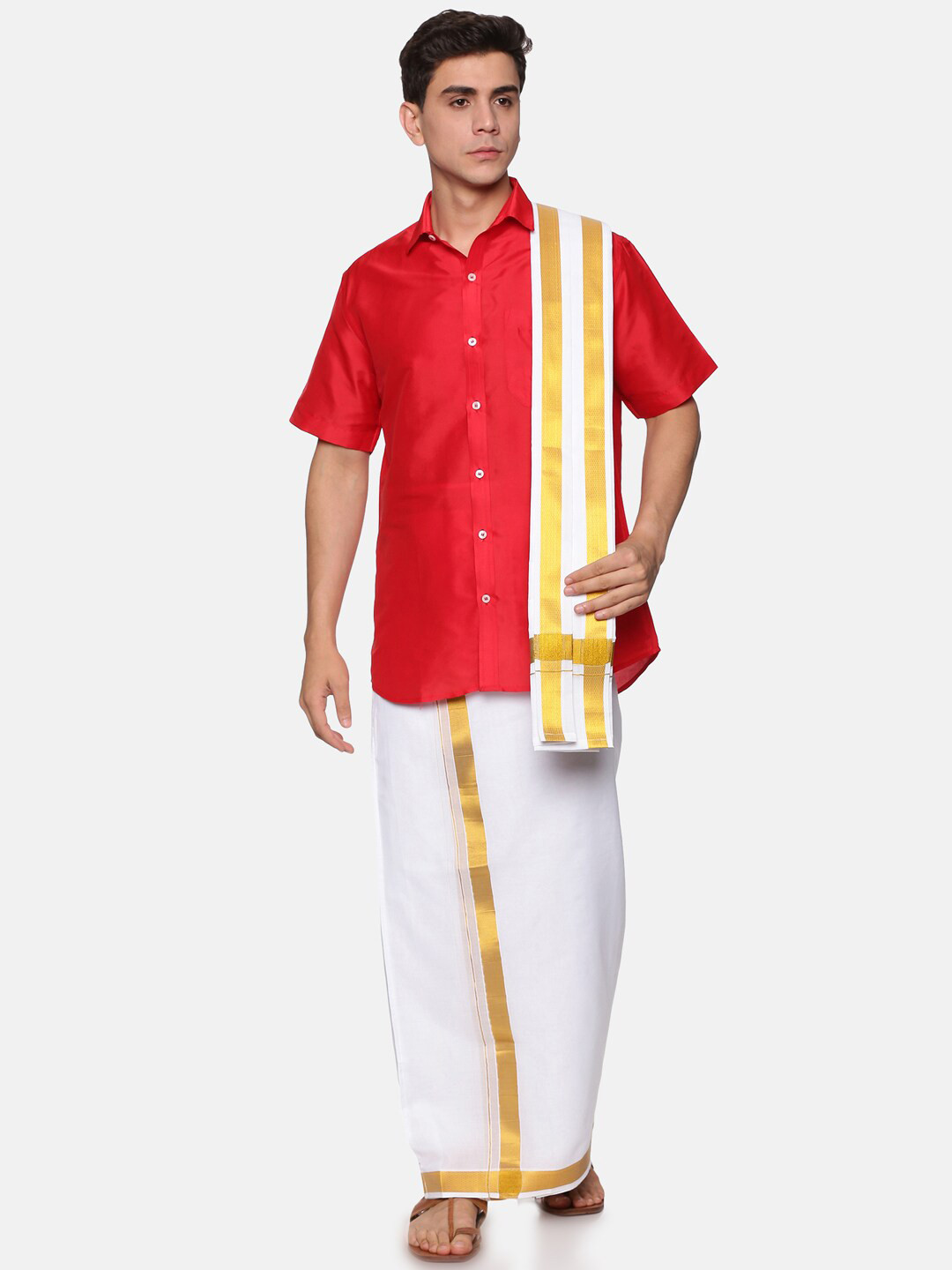 Sethukrishna Men Red & White Shirt & Dhoti