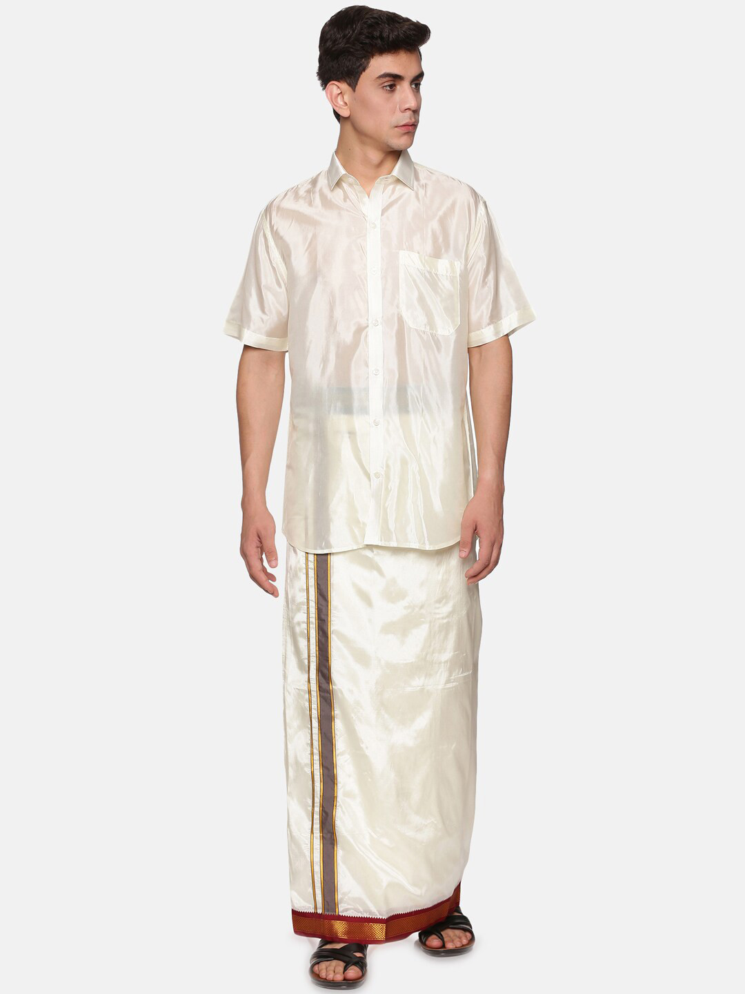 Sethukrishna Men Cream-Coloured & White Shirt with Dhoti