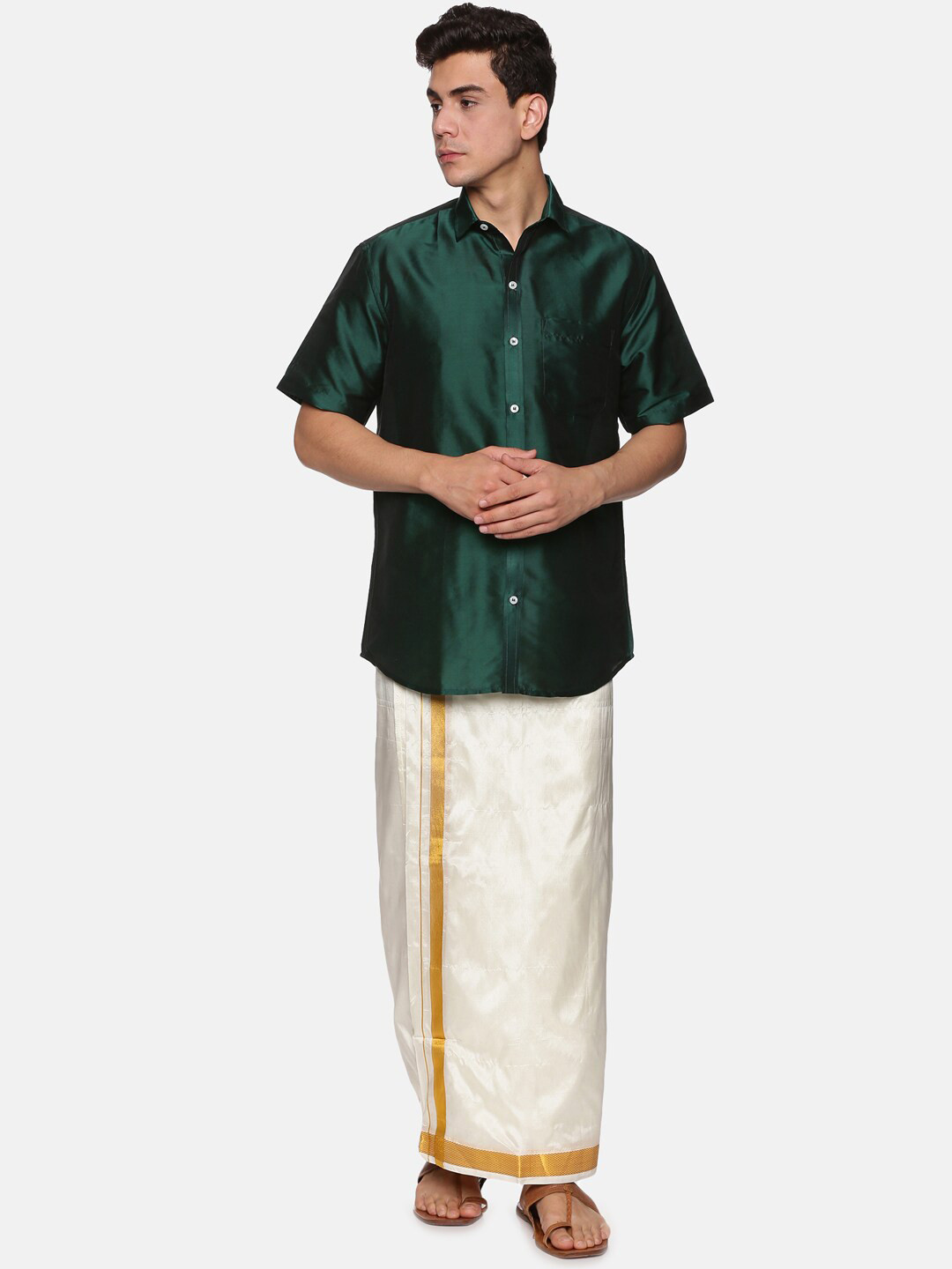 Sethukrishna Men Green And White Shirt With Zari Border Veshti Dhoti Pant