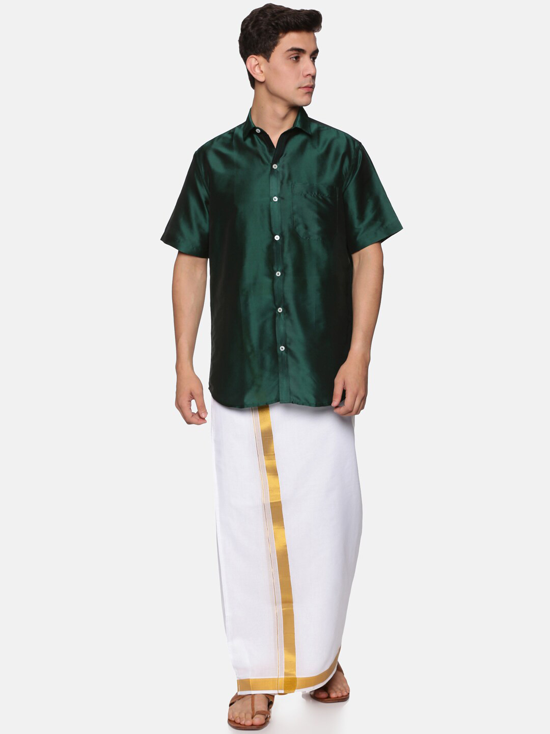 Sethukrishna Men Green & White Shirt with Dhoti Pants