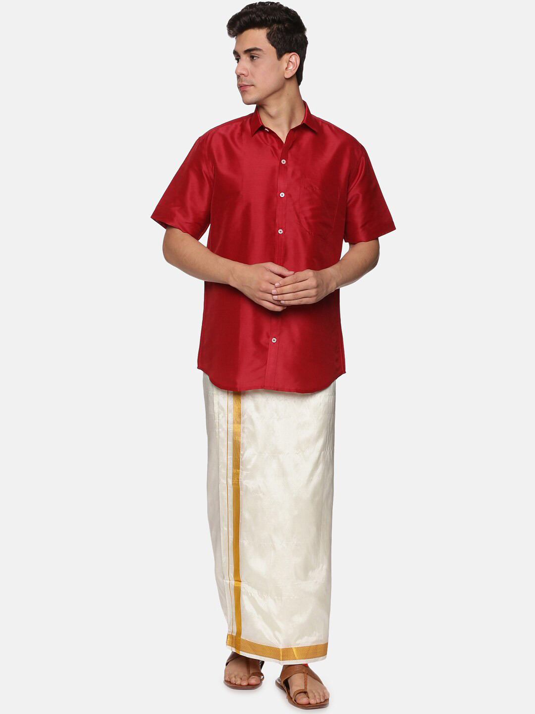 Sethukrishna Men Maroon & White Shirt with Dhoti Pants