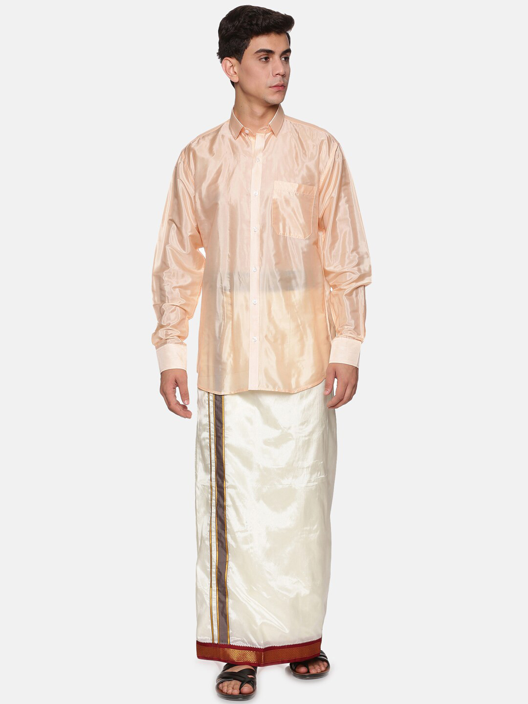 Sethukrishna Men Orange & White Shirt with Mundu