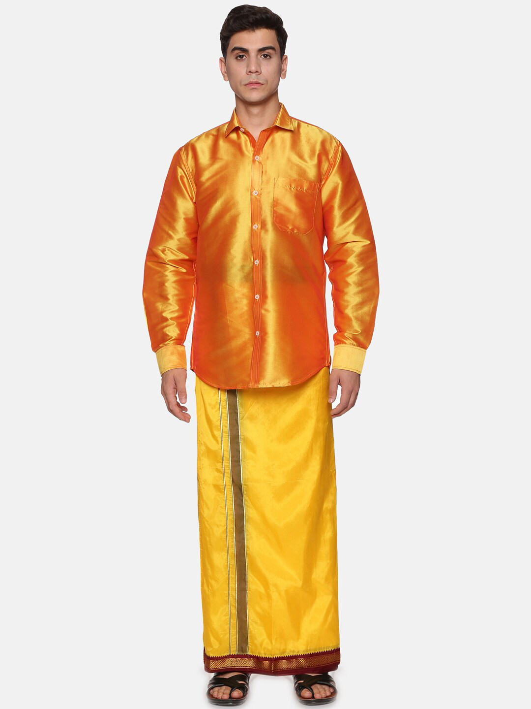 Sethukrishna Men Yellow & Orange Shirt with Dhoti Pants