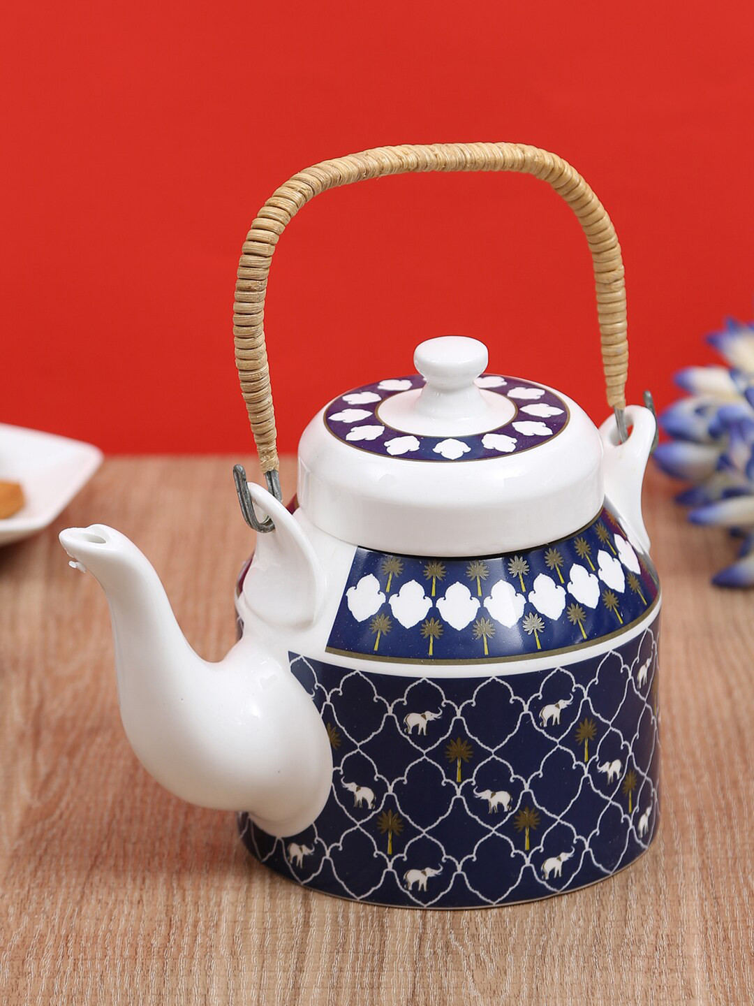CLAY CRAFT Blue & White Printed Ceramic Glossy Kettle 1L