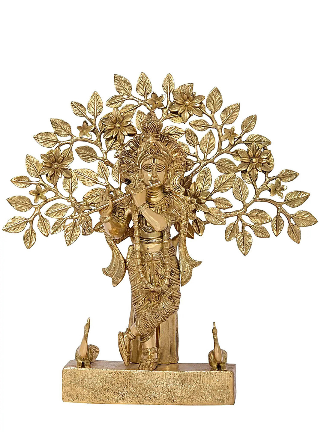 Exotic India Gold Toned Krishna in Tribhanga Fluting Under the Magnificent Tree Showpiece