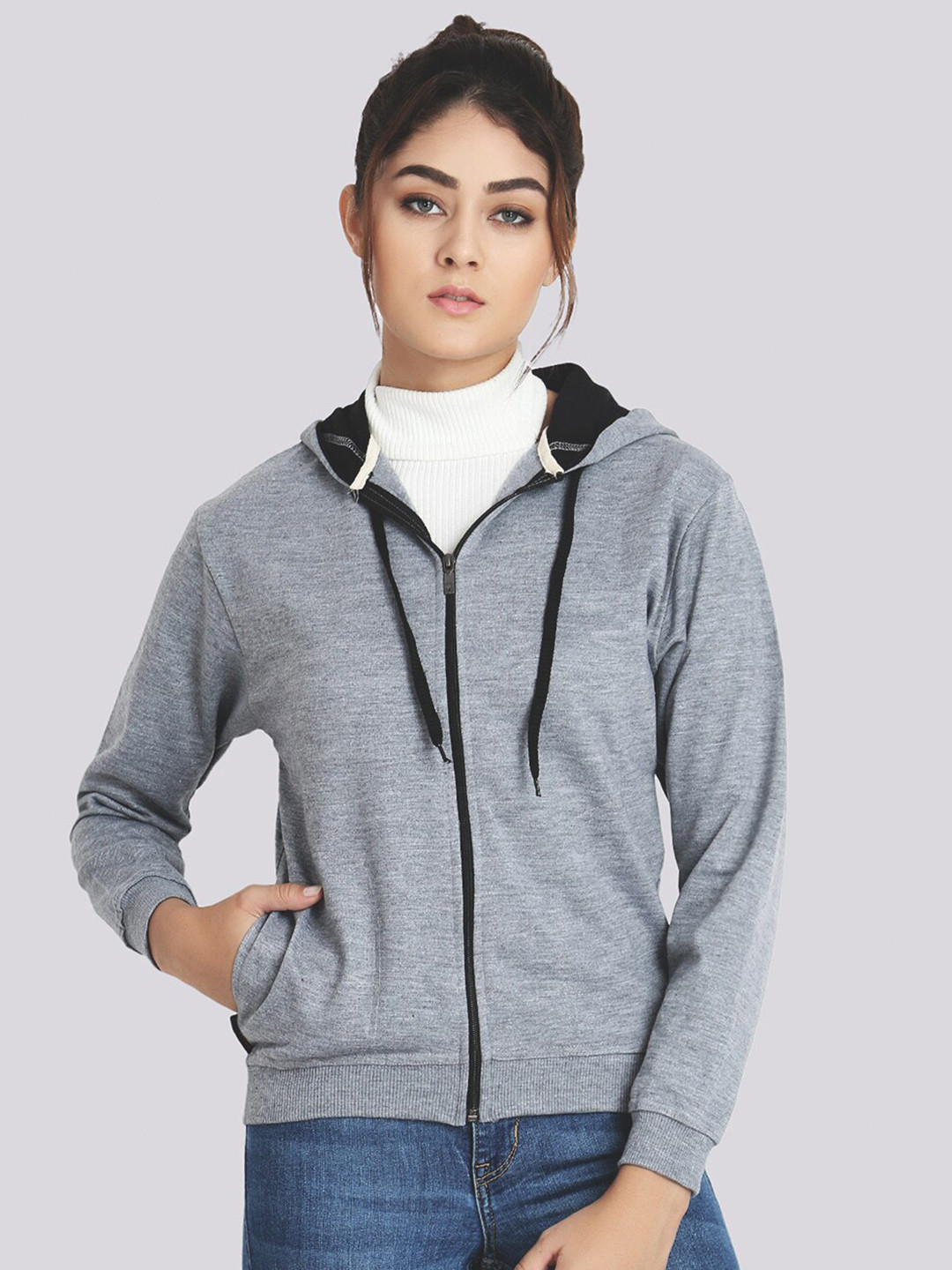 TEEMOODS Women Grey Melange Hooded Sweatshirt