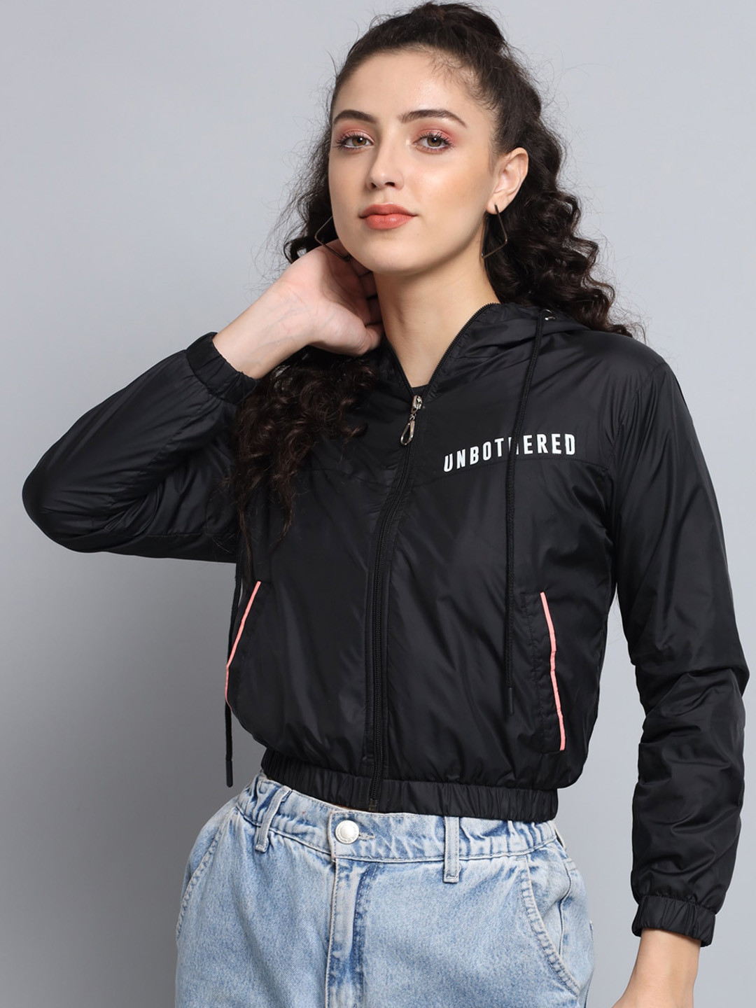 BROOWL Women Black Windcheater Crop Sporty Jacket