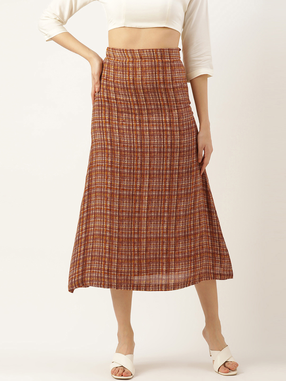 RACHNA Women Brown Checked Straight Midi Skirt