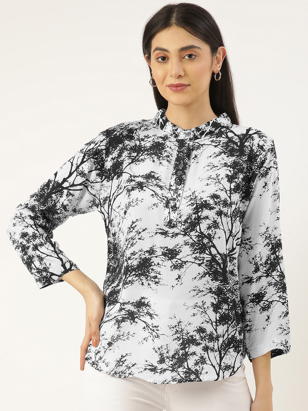 RACHNA White & Black Floral Print Mandarin Collar Top