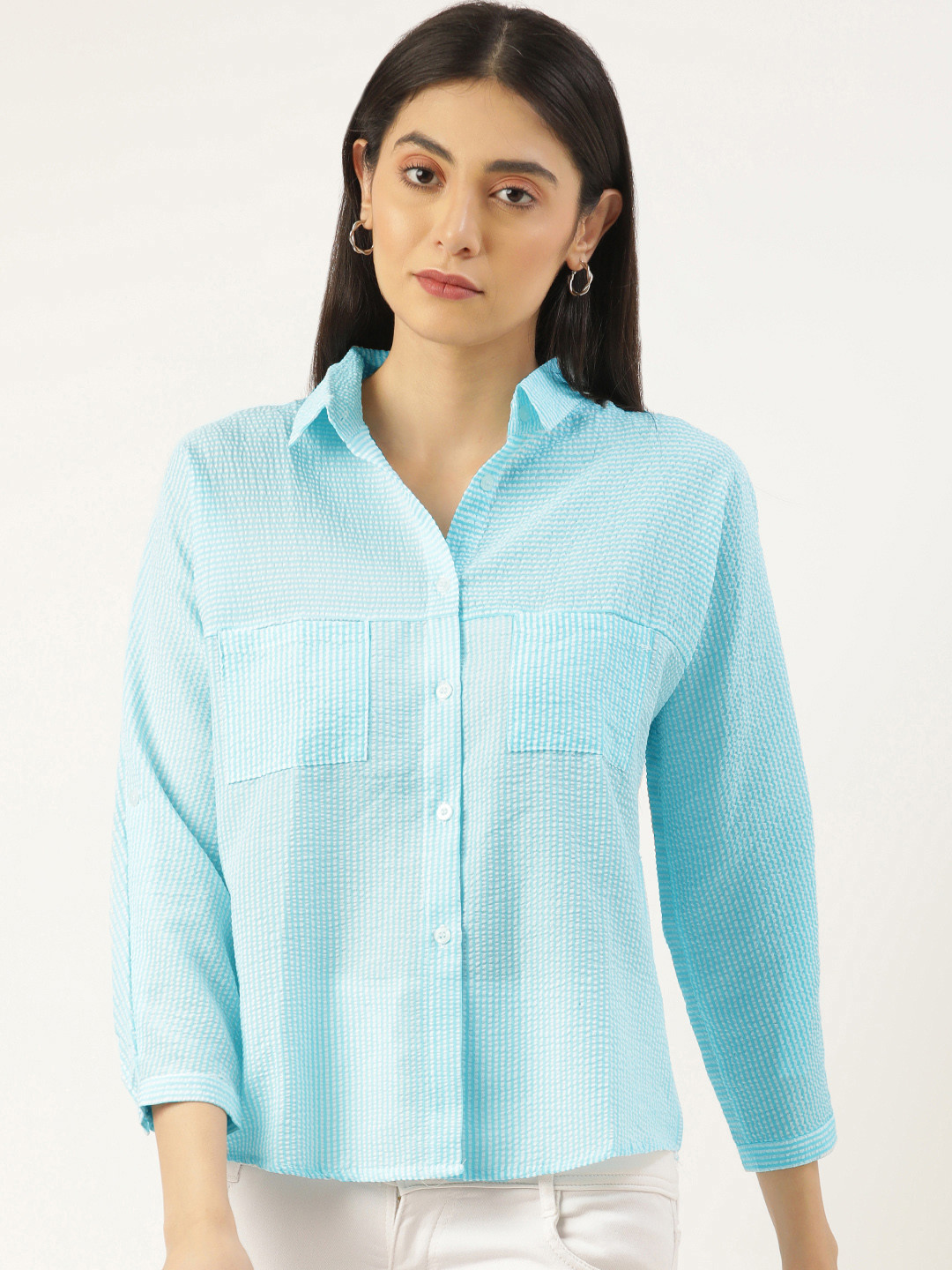 RACHNA Women Turquoise Blue Striped Casual Shirt