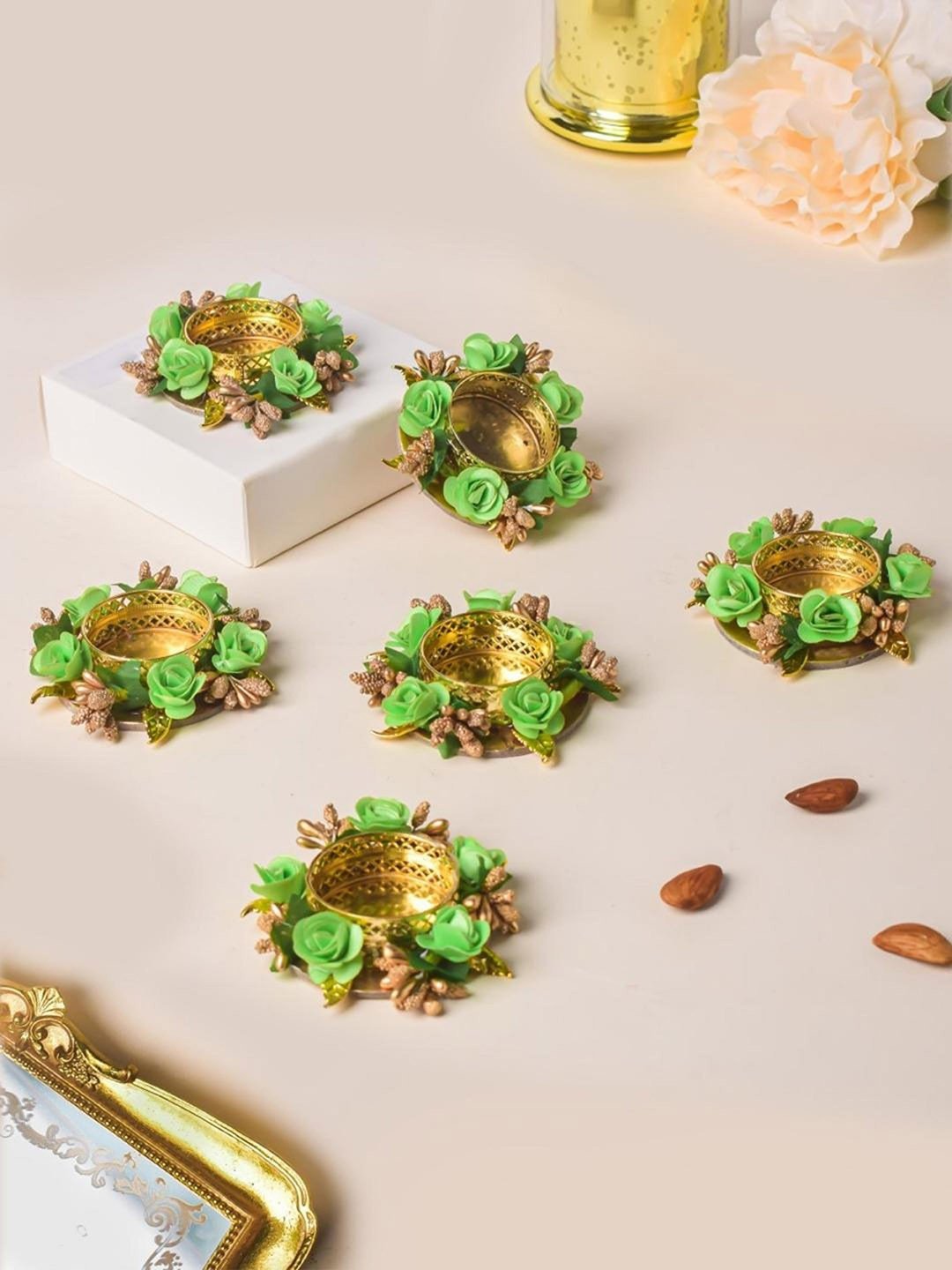 Nestasia Set Of 6 Gold-Toned & Green Tea-Light Candle Holders