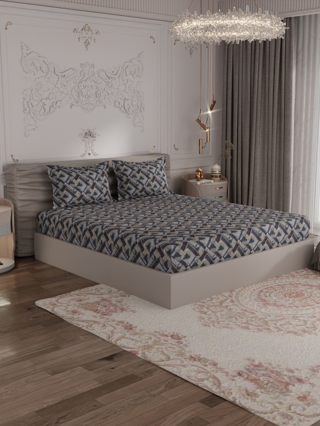 ROSARA HOME Grey Abstract Cotton 300 TC King Fine Bedsheet with 2 Pillow Covers-274 x 274 cm