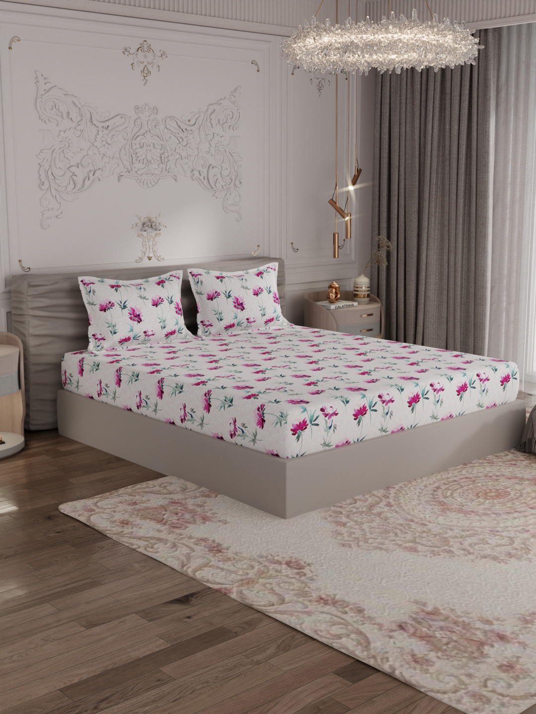 ROSARA HOME Amorous White Floral Cotton 300 TC King Fine Bedsheet with 2 Pillow Covers-100 x 89 inches