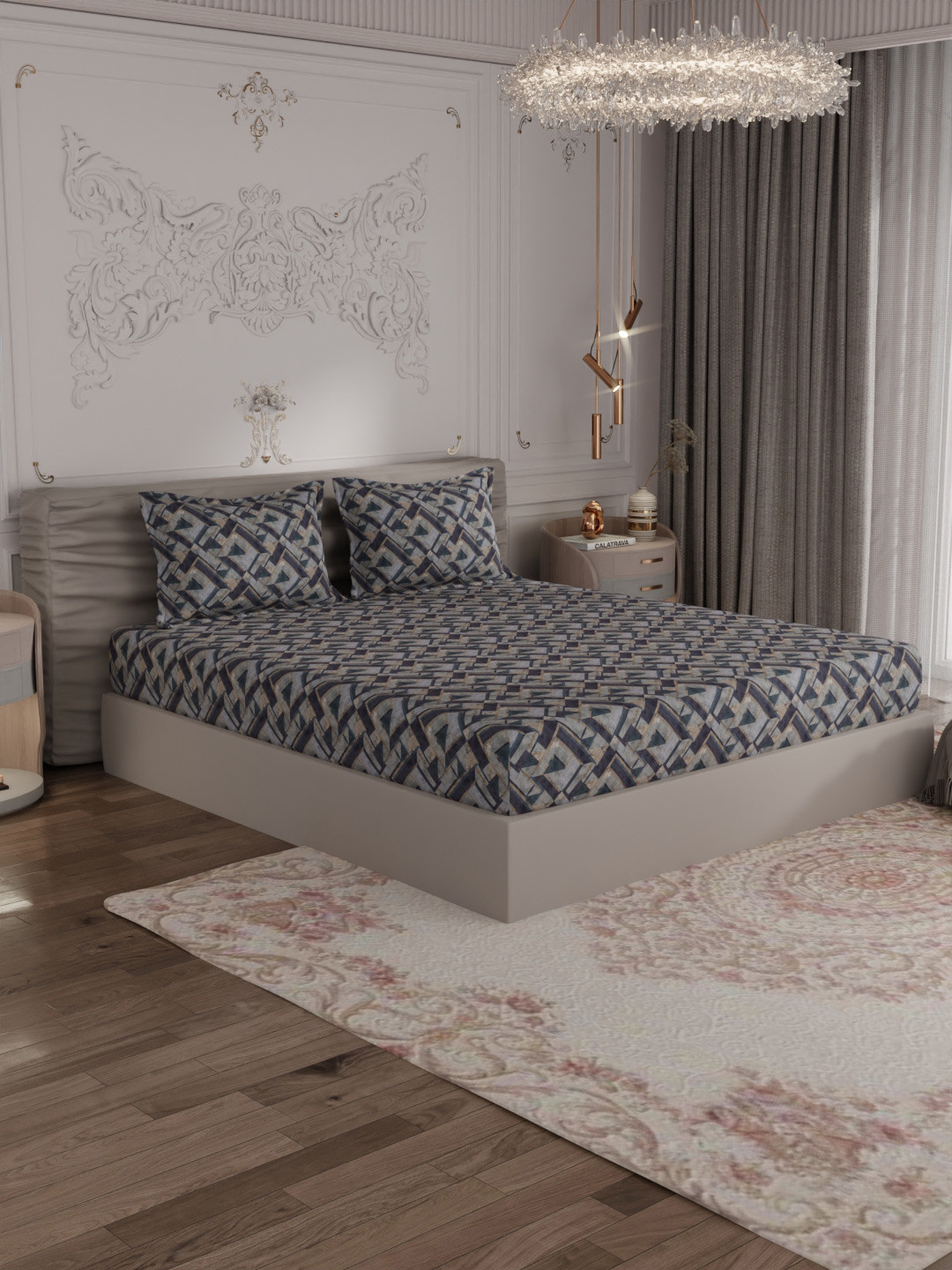 ROSARA HOME Amorous Grey Geometric Pure Cotton 300 TC Queen Fine Bedsheet with 2 Pillow Covers-100 x 89 inches