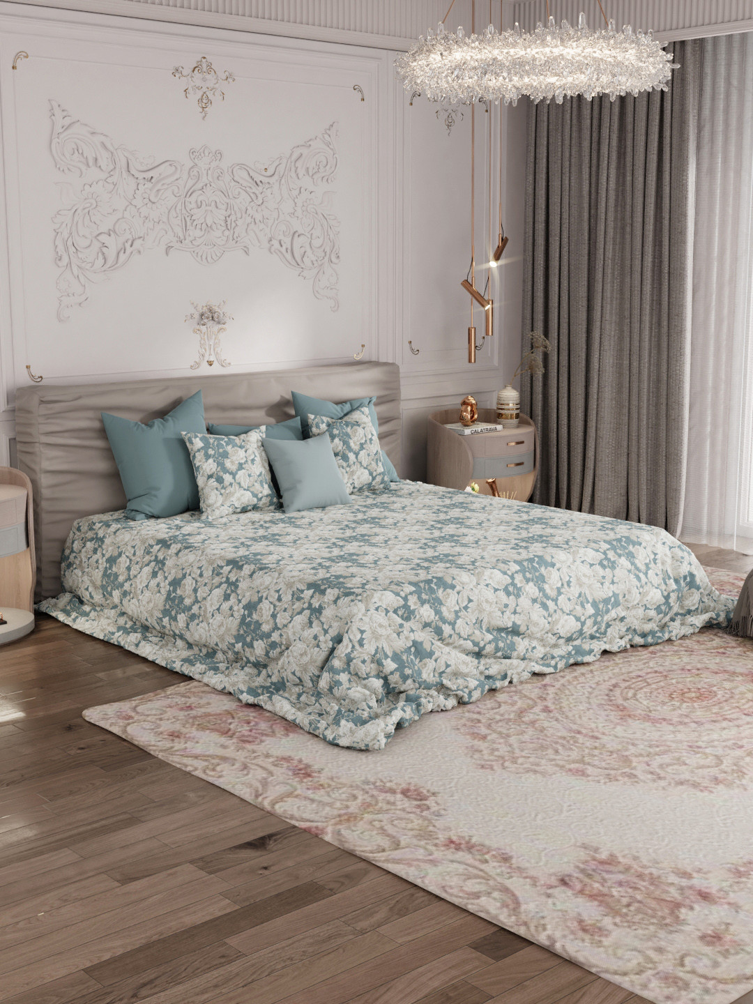 ROSARA HOME Amorous Blue Floral Pure Cotton 300 TC Fitted King Fine Bedsheet with 2 Pillow Covers-108 x 108 inches