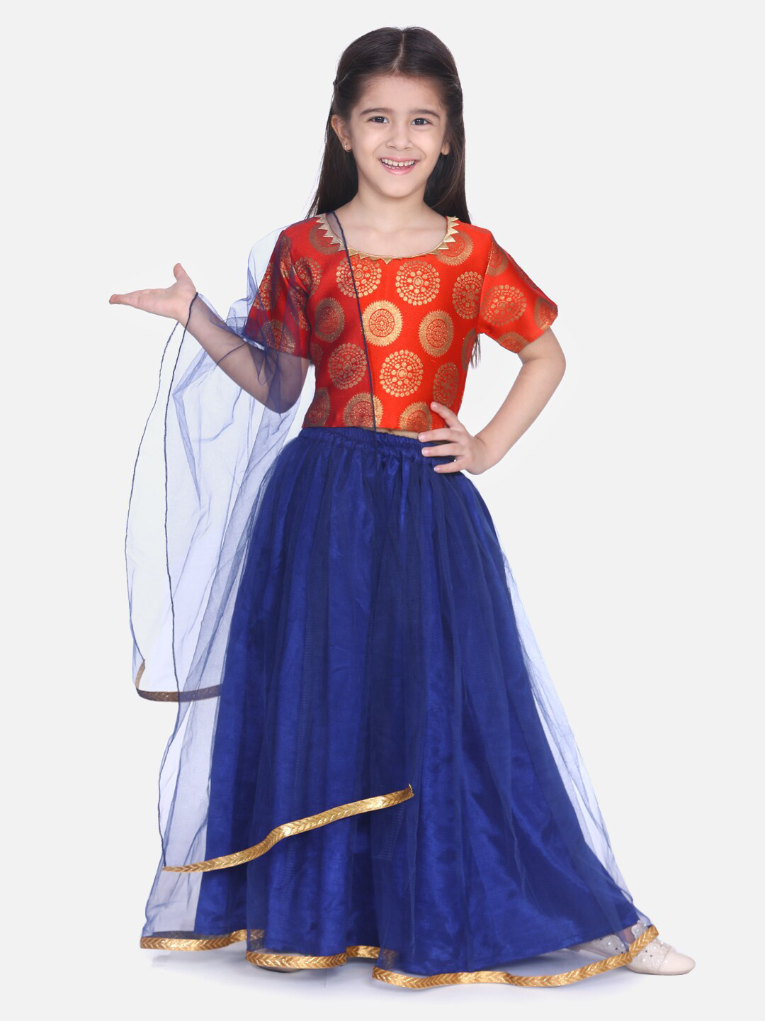 BownBee Girls Orange & Blue Lehenga & Blouse With Dupatta