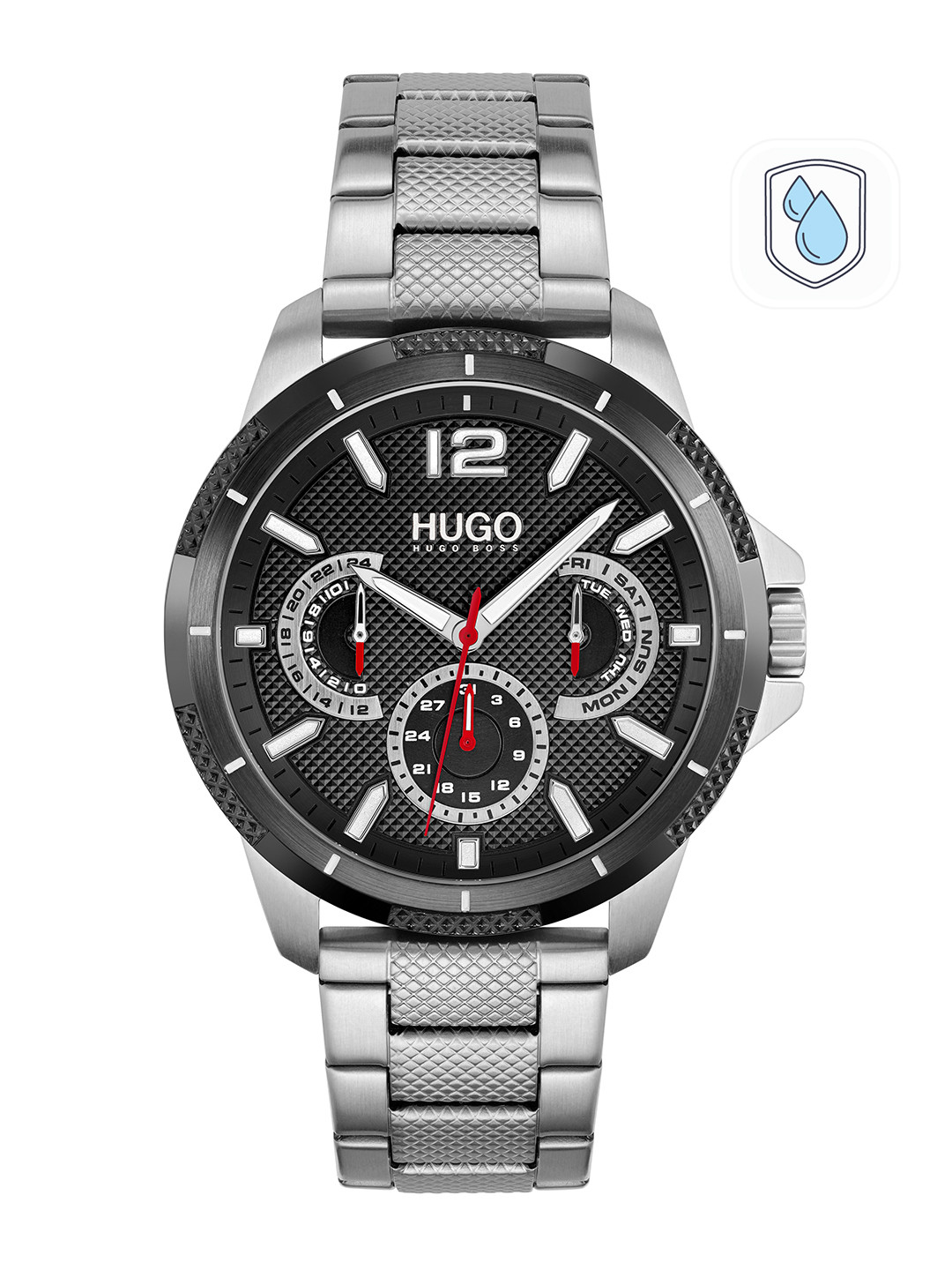 HUGO Men Black Patterned Sport Bracelet Style Analogue Multifunction Watch 1530195