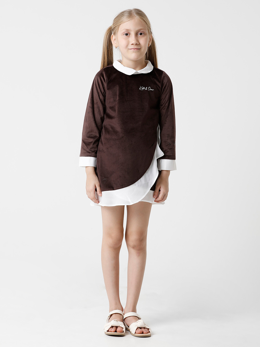 KATE & OSCAR Girls Brown Solid Peter Pan Collar Velvet A-Line Mini Dress