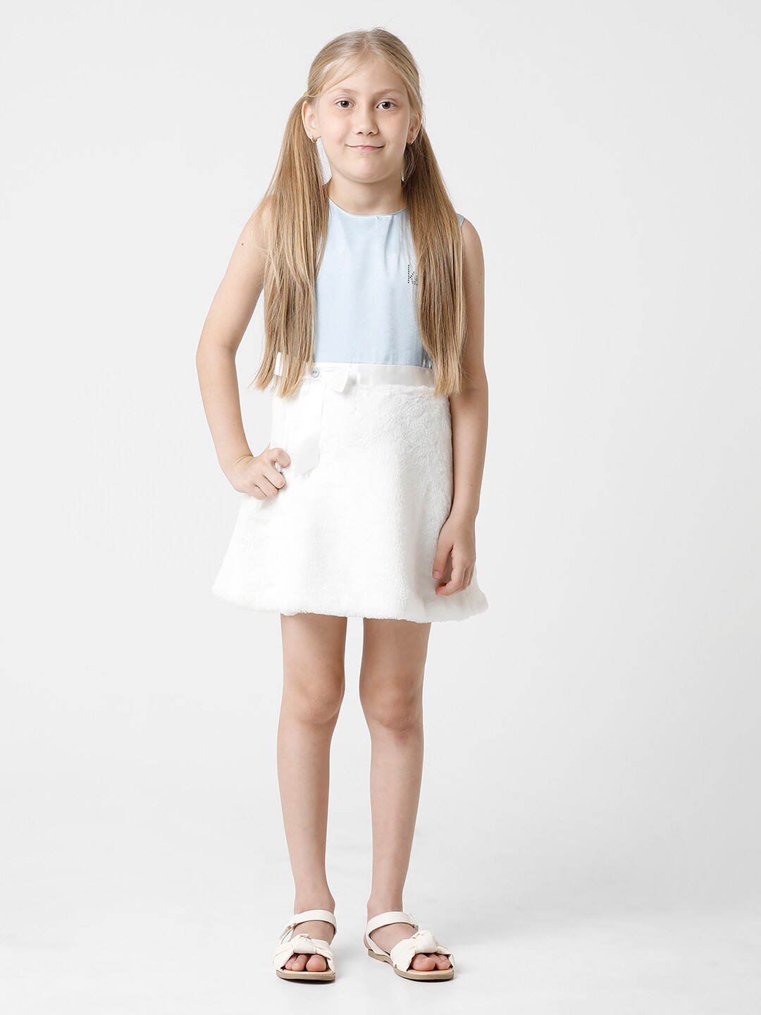 KATE & OSCAR Girls Blue & White Colourblocked Georgette A-Line Mini Dress