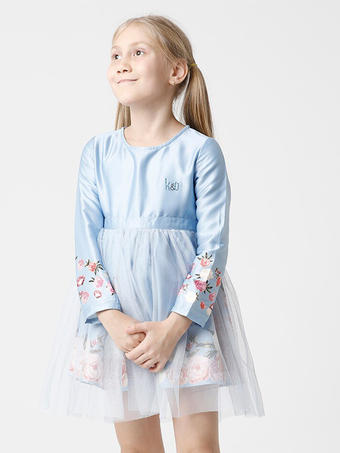 KATE & OSCAR Girls Blue & Red Solid Georgette Fit and Flare Dress